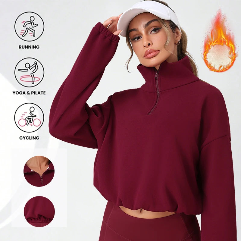 Thermal Half Zip Loose Yoga Shirt Solid Color Fleece Lined Sweatshirt Autumn Winter Pullover Drawstring Hem for Adjustable Fit