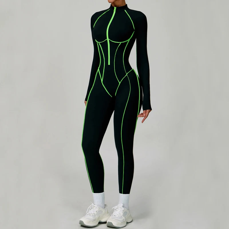 VITALINOVO Women Long Sleeve Workout Jumpsuit Zip Up Romper Bottom Pants Built-in Bra Bodysuit Bodycon Sexy One Piece Colorblock