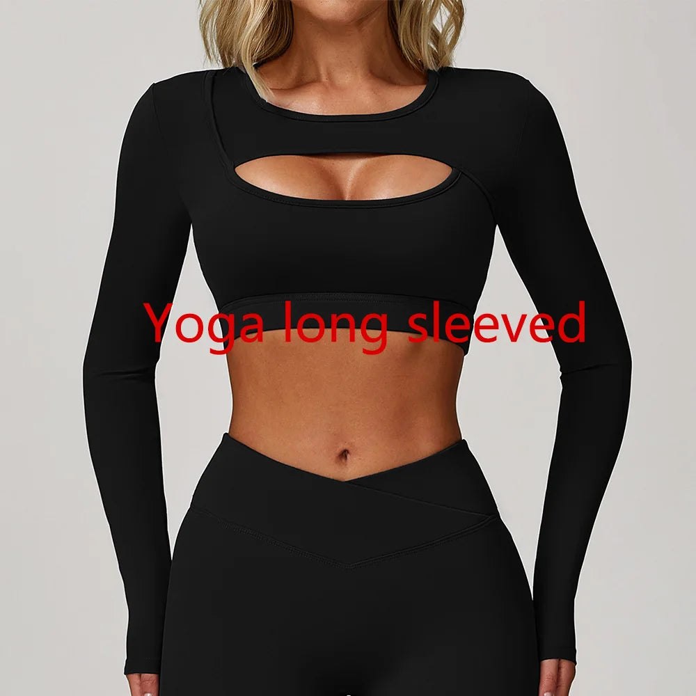 Women Yoga T-shirts Breathable Sports Top Long Sleeve Workout Running Shirts Sexy Exposed Navel Quick Dry Fitness Gym Clothing