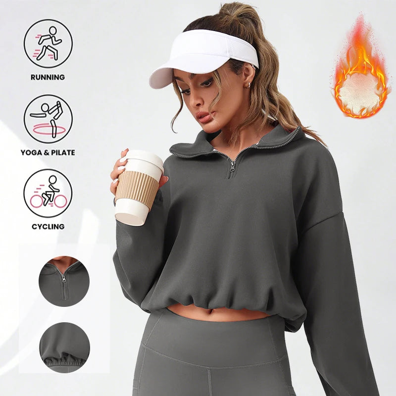Thermal Half Zip Loose Yoga Shirt Solid Color Fleece Lined Sweatshirt Autumn Winter Pullover Drawstring Hem for Adjustable Fit