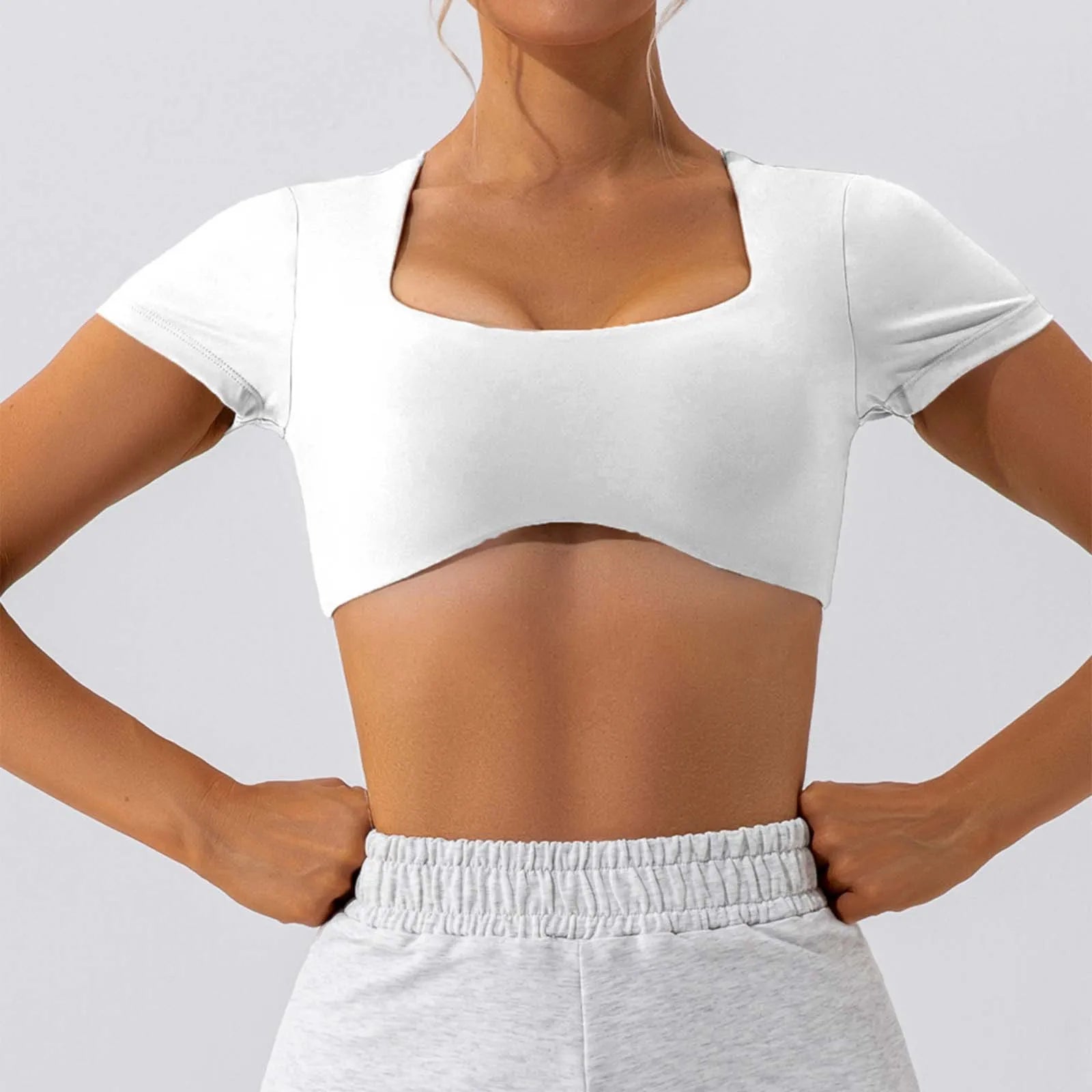 Ultra-Short T-Shirts Women Bare Midriff Square Neck Short Sleeve Tees Yoga Clothes Summer Sportwear Gym Running Quick Dry Tops