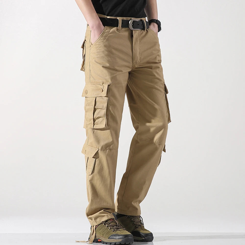 8 POCKETS 100% Cotton Men's Solid Color Cargo Pants, Breathable ComfyOutdoor Pants With Multi Pockets For Hiking Trekking Travel