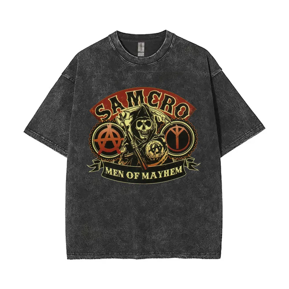 Washed Vintage Sons of Anarchy SAMCRO Double Sided Graphic T Shirt Men Women Hip Hop Rock Oversized T-shirts Male Casual T-shirt