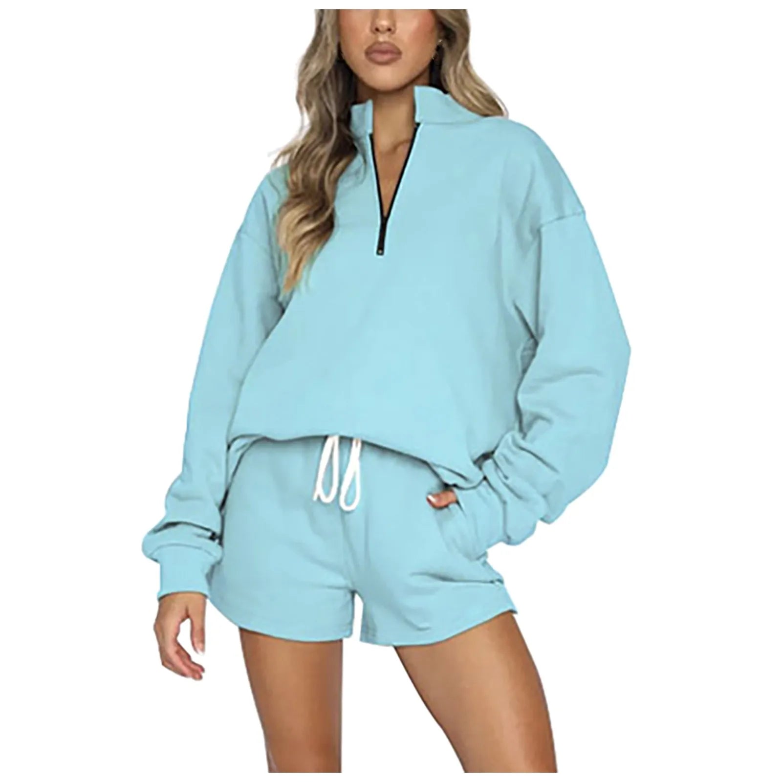Solid Color Stand Up Collar Zipper Pullover Long Sleeved Sweatshirt For Women Fashion Shorts Suit Casual Sport Shorts Set