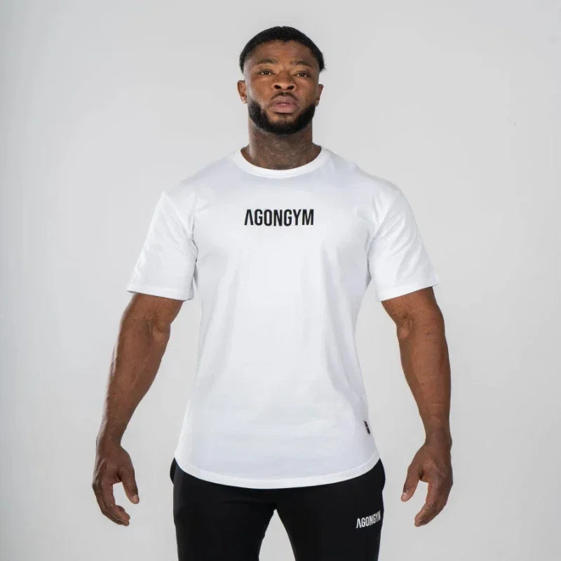Gym Fitness Agongym Bodybuilding Oversized Loose T-shirt Cotton Men's Muscle Short Sleeve Gym Men's Running Exercise T-shirt Top