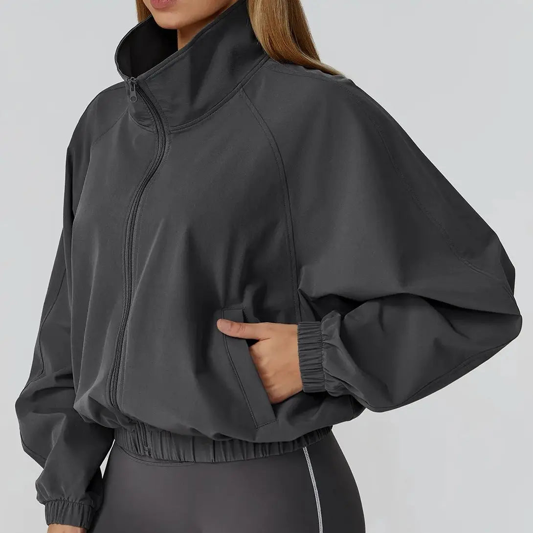 Women Sport Jacket Long Sleeve Shirt Gym Sportswear Quick Drying Stand Up Collar Zipper Top Windproof Outdoor Running Yoga Jacke
