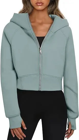 2025 European and American Women's Hooded Zipper Short Casual Plush Long-sleeved Sweatshirt