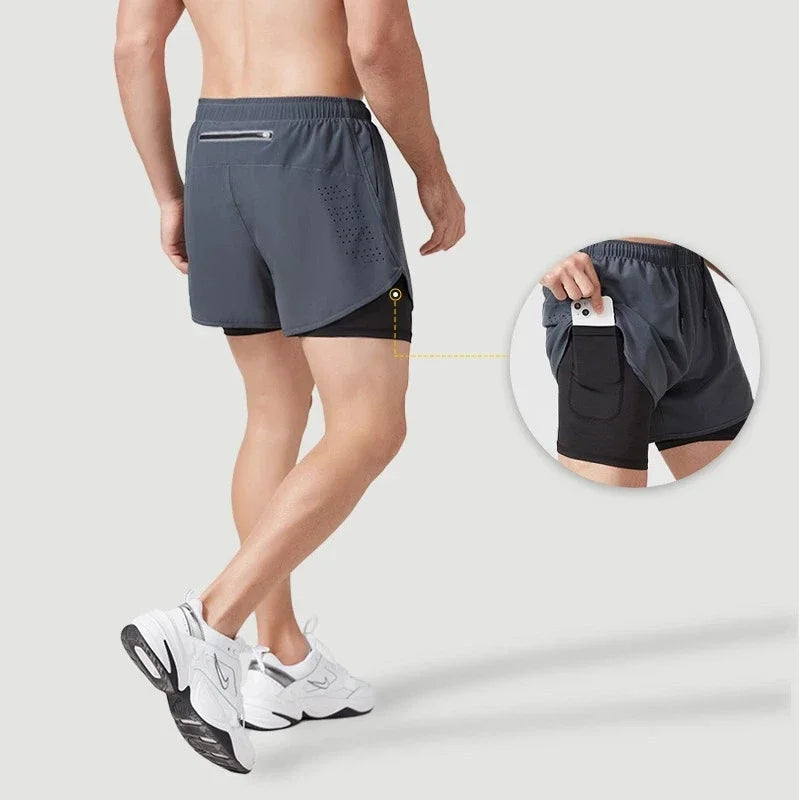Men's Running Shorts 2 In 1 Fitness Black Double Layer Shorts Workout Training Gym Running Sport Short Pants Summer Shorts Men