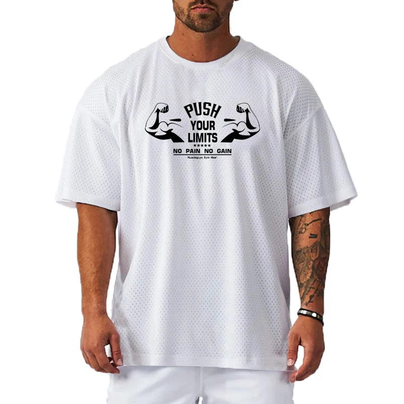 Oversized Loose Mesh Quick-Dry Short-Sleeved Sportswear Gym Bodybuilding Fitness Running Shirts Men's Workout Training T-Shirts