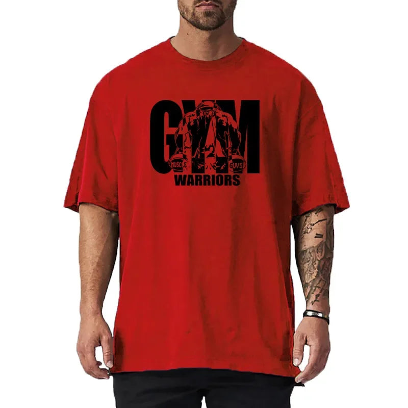 Summer Oversized Mens Cotton Loose Dropped Shoulder Fitness Summer Gym Sports Bodybuilding Short Sleeve T-shirt