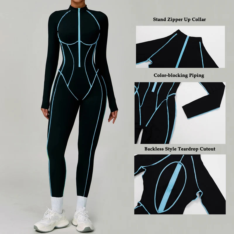 VITALINOVO Women Long Sleeve Workout Jumpsuit Zip Up Romper Bottom Pants Built-in Bra Bodysuit Bodycon Sexy One Piece Colorblock
