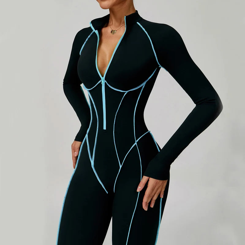 VITALINOVO Women Long Sleeve Workout Jumpsuit Zip Up Romper Bottom Pants Built-in Bra Bodysuit Bodycon Sexy One Piece Colorblock
