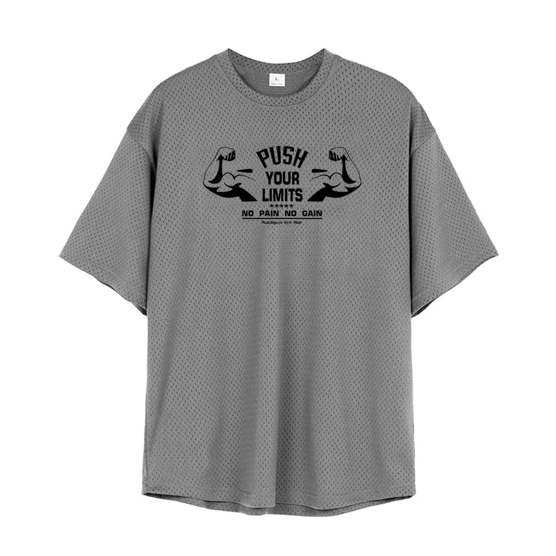 Oversized Loose Mesh Quick-Dry Short-Sleeved Sportswear Gym Bodybuilding Fitness Running Shirts Men's Workout Training T-Shirts