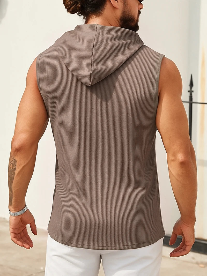 Tank Top Men’s Ribbed Sleeveless Hoodie Casual Muscle Fit Hooded Vest Gym Streetwear Sportswear Men Summer Top Tee Hooded Tank