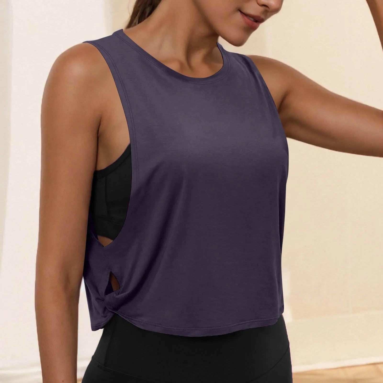 Ladies' Fashion Round Neck Yoga Wear Sleeveless Athletic Vest Casual Top Pure Color Loose Comfy Lightweight Short Top