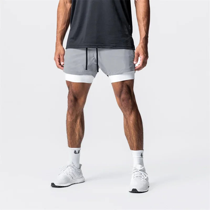 Men's Summer Gym Fitness Sport Double-deck 2 in 1 Shorts Quick Dry Running Workout Jogger Short Pants Bodybuilding Sweatpants