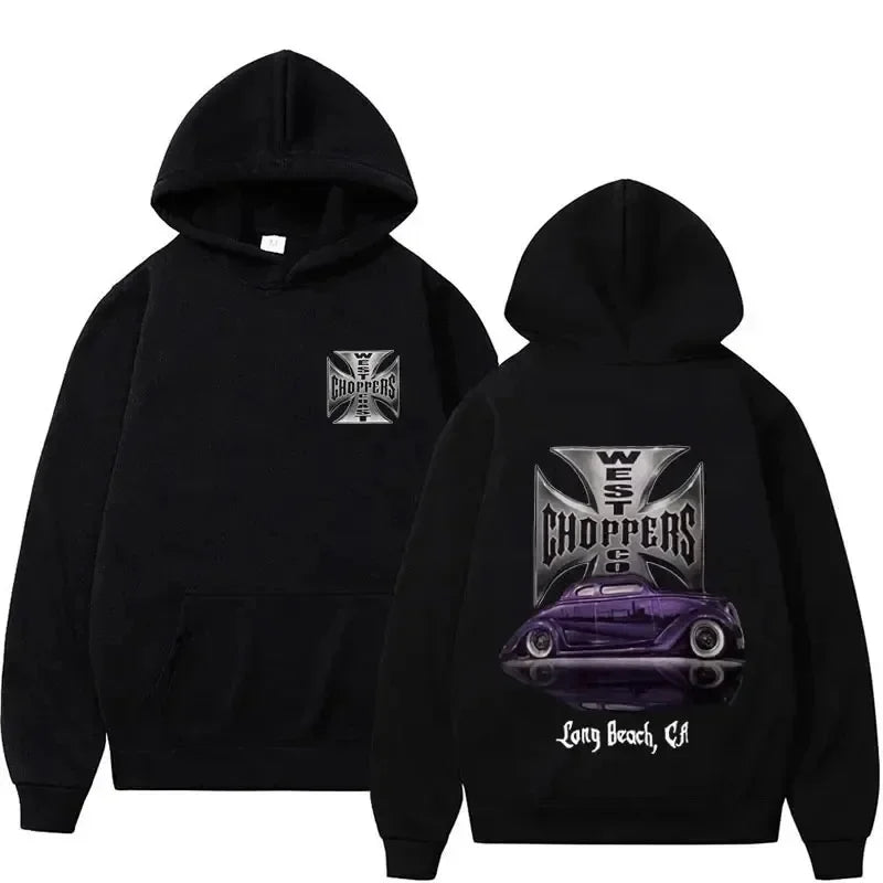 Men's Black Fashion Cool Sweatshirt Unisex Fashion Fleece Oversized Hoodie Streetwear West Coast Iron Cross Choppers Logo Hooded
