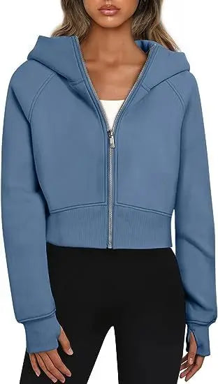 2025 European and American Women's Hooded Zipper Short Casual Plush Long-sleeved Sweatshirt