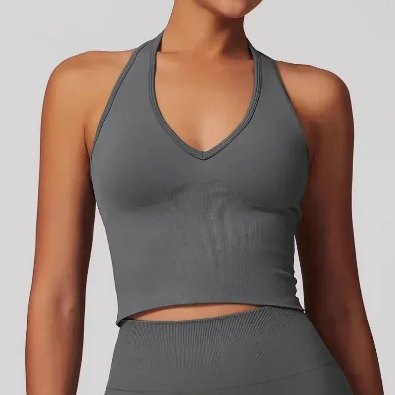Halter Neck Backless Yoga Bra European and American Seamless Sports Bra Women's Summer Shockproof Fitness Top