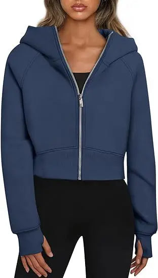 2025 European and American Women's Hooded Zipper Short Casual Plush Long-sleeved Sweatshirt