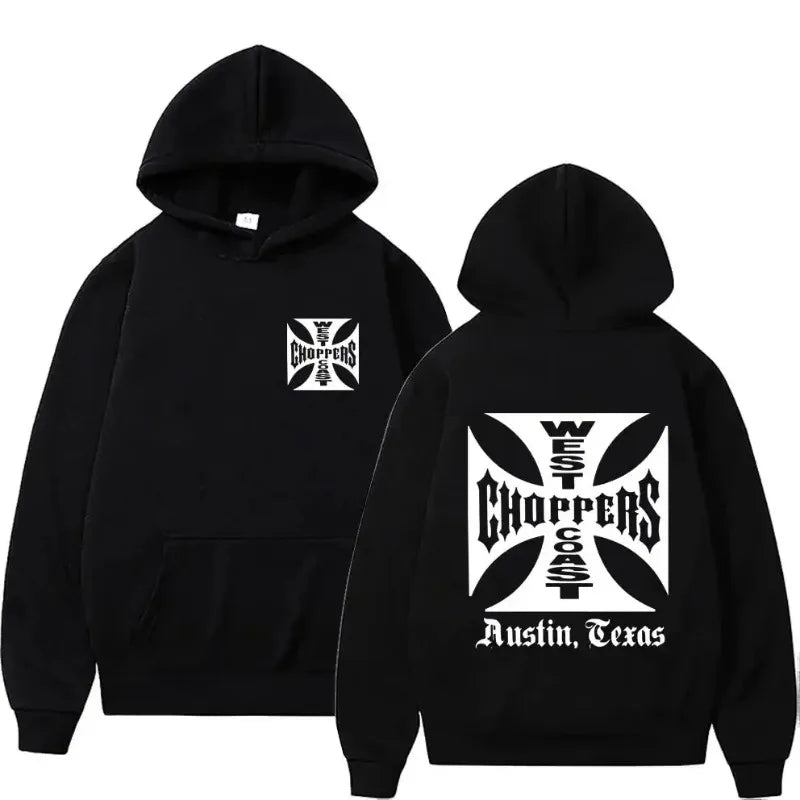 Men's Black Fashion Cool Sweatshirt Unisex Fashion Fleece Oversized Hoodie Streetwear West Coast Iron Cross Choppers Logo Hooded