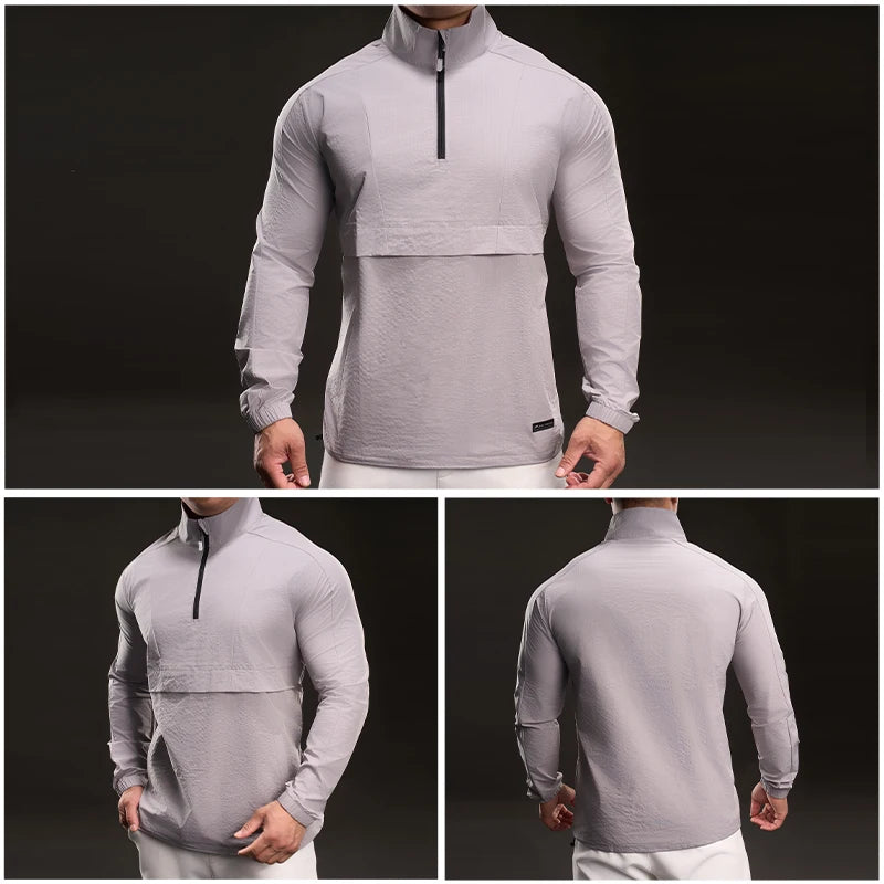 Men Long Sleeves T-shirt Elastic Ice Silk Outdoor Sports Fitness Quick Dry T-Shirt Half Zipper Sports Casual Top Men Sportswear