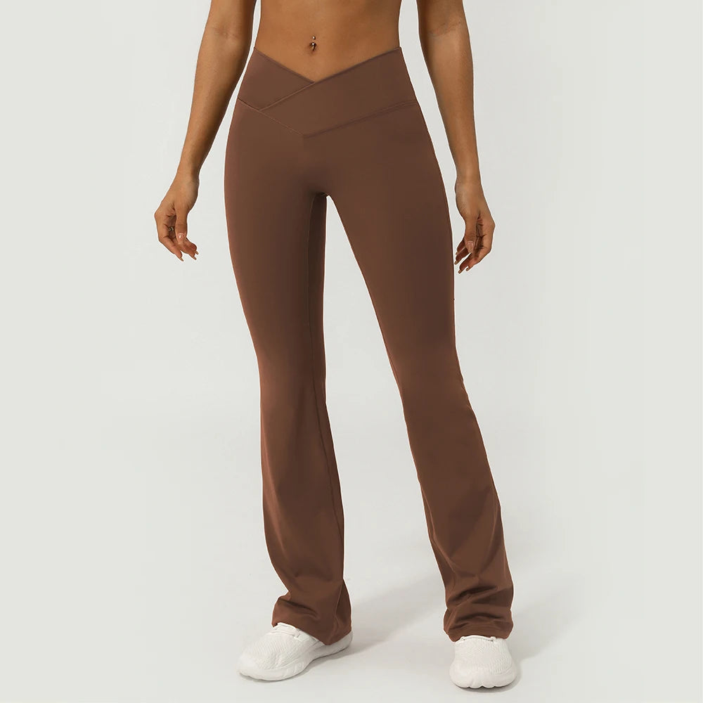 V-Cross Fitness Flare Pants Lifting Buttocks Cross Waist Yoga Sport Leggings Gym Outdoor Acticewear Workout Wide-Leg Pants