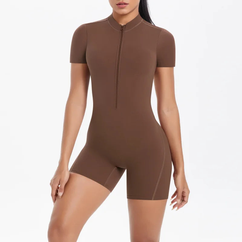 LEOSOXS Solid Color Seamless Zipper Beautiful Back Tight One-Piece Yoga Suit Gym Breathable Sports Running Workout Fitness Suit
