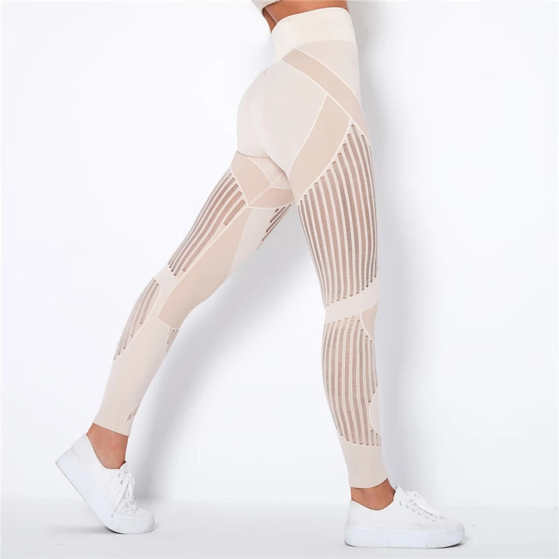 Hollow hip lift Sexy Leggings Women Seamless elastic tight bodybuilding High Waist Stripe Pants Slim Push Up Fitness Leggins