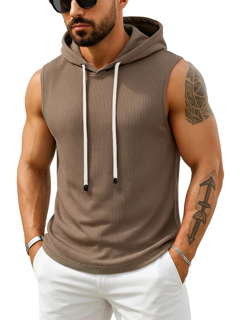 Tank Top Men’s Ribbed Sleeveless Hoodie Casual Muscle Fit Hooded Vest Gym Streetwear Sportswear Men Summer Top Tee Hooded Tank