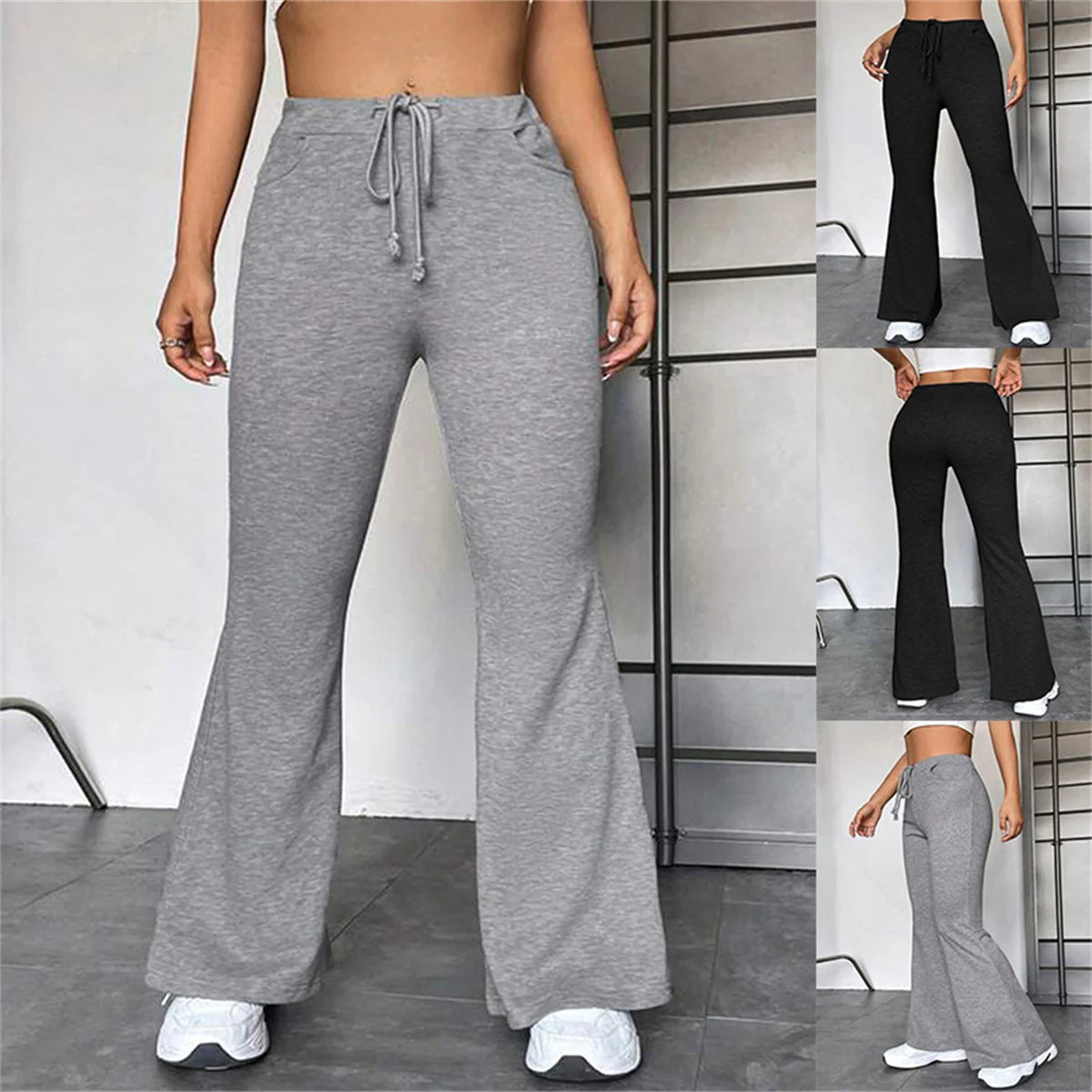 Women Casual Drawstring Flare Pant Autumn Spring Solid High Waist Yoga Sports Pants Chic Baggy Joggers Trousers Slim Streetwear