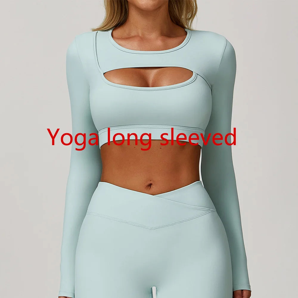 Women Yoga T-shirts Breathable Sports Top Long Sleeve Workout Running Shirts Sexy Exposed Navel Quick Dry Fitness Gym Clothing