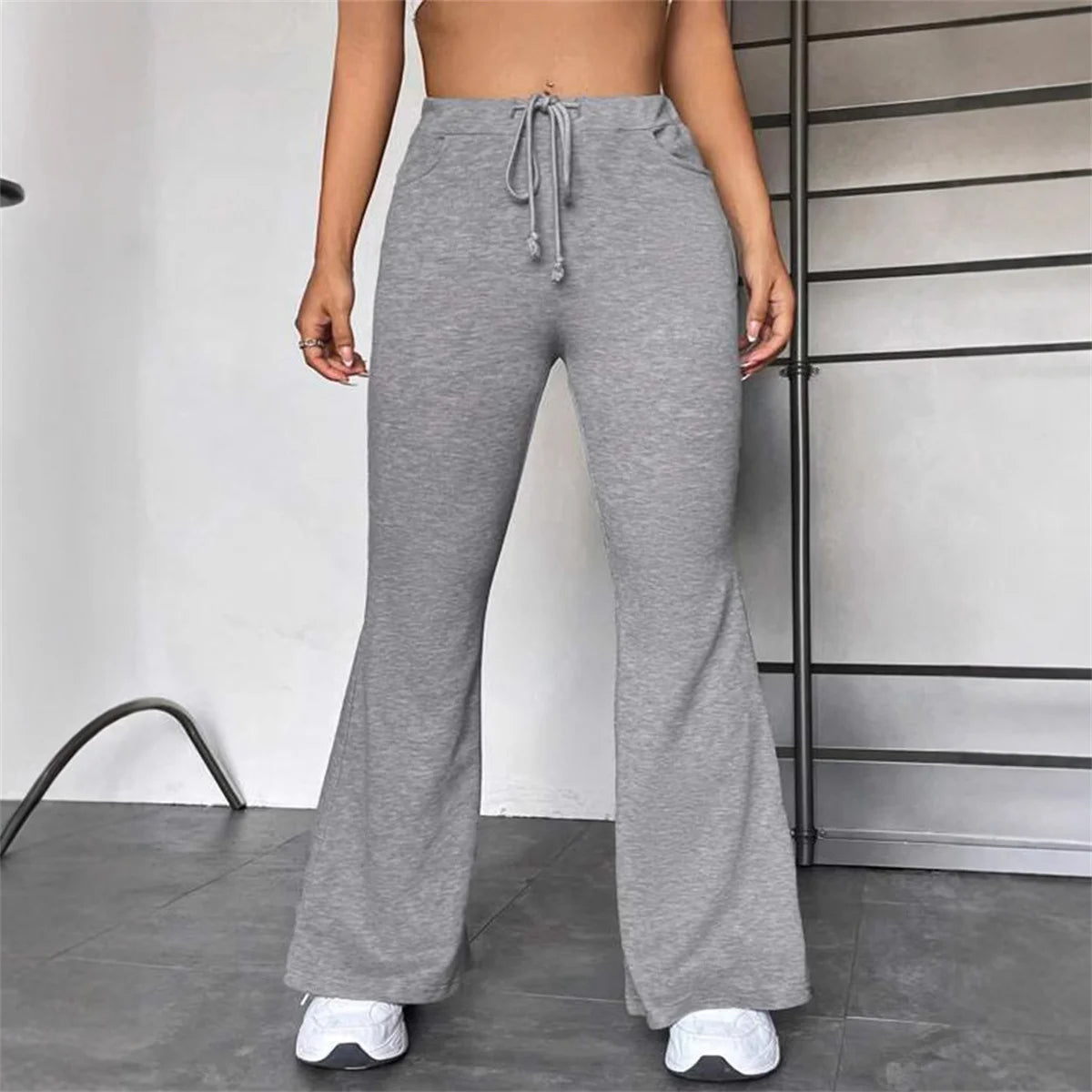 Women Casual Drawstring Flare Pant Autumn Spring Solid High Waist Yoga Sports Pants Chic Baggy Joggers Trousers Slim Streetwear