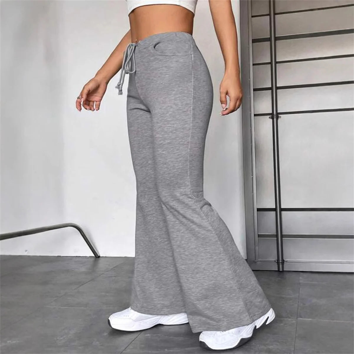 Women Casual Drawstring Flare Pant Autumn Spring Solid High Waist Yoga Sports Pants Chic Baggy Joggers Trousers Slim Streetwear