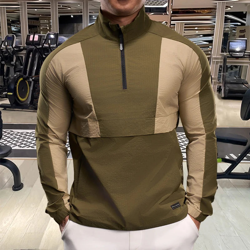 Men Long Sleeves T-shirt Elastic Ice Silk Outdoor Sports Fitness Quick Dry T-Shirt Half Zipper Sports Casual Top Men Sportswear