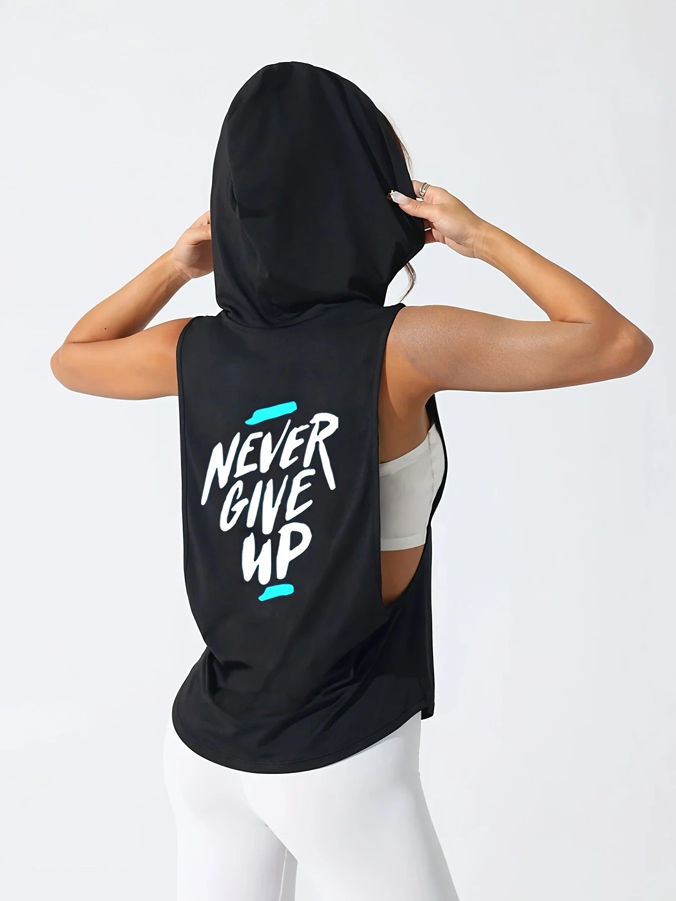 Women's Quick-Dry Breathable Sport Vest - Slimming Fit Hooded Design with "Never Give Up" Back Print Collar Summer Gym