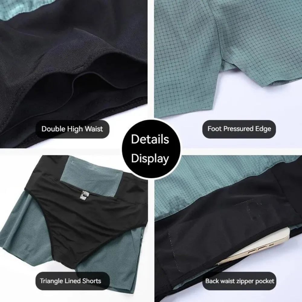 Marathon Running Shorts Men 2 In 1 Quick Dry Workout Training Fitness Jogging Multi-Pocket Man Gym Sport Shorts with Waist Pouch