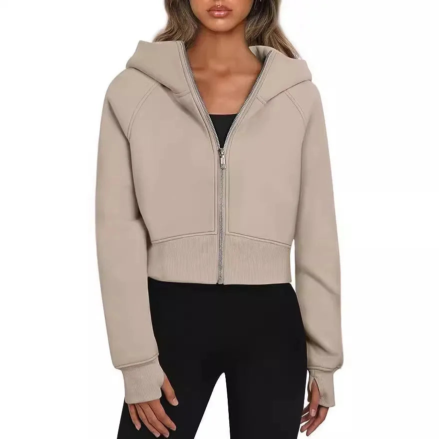2025 European and American Women's Hooded Zipper Short Casual Plush Long-sleeved Sweatshirt