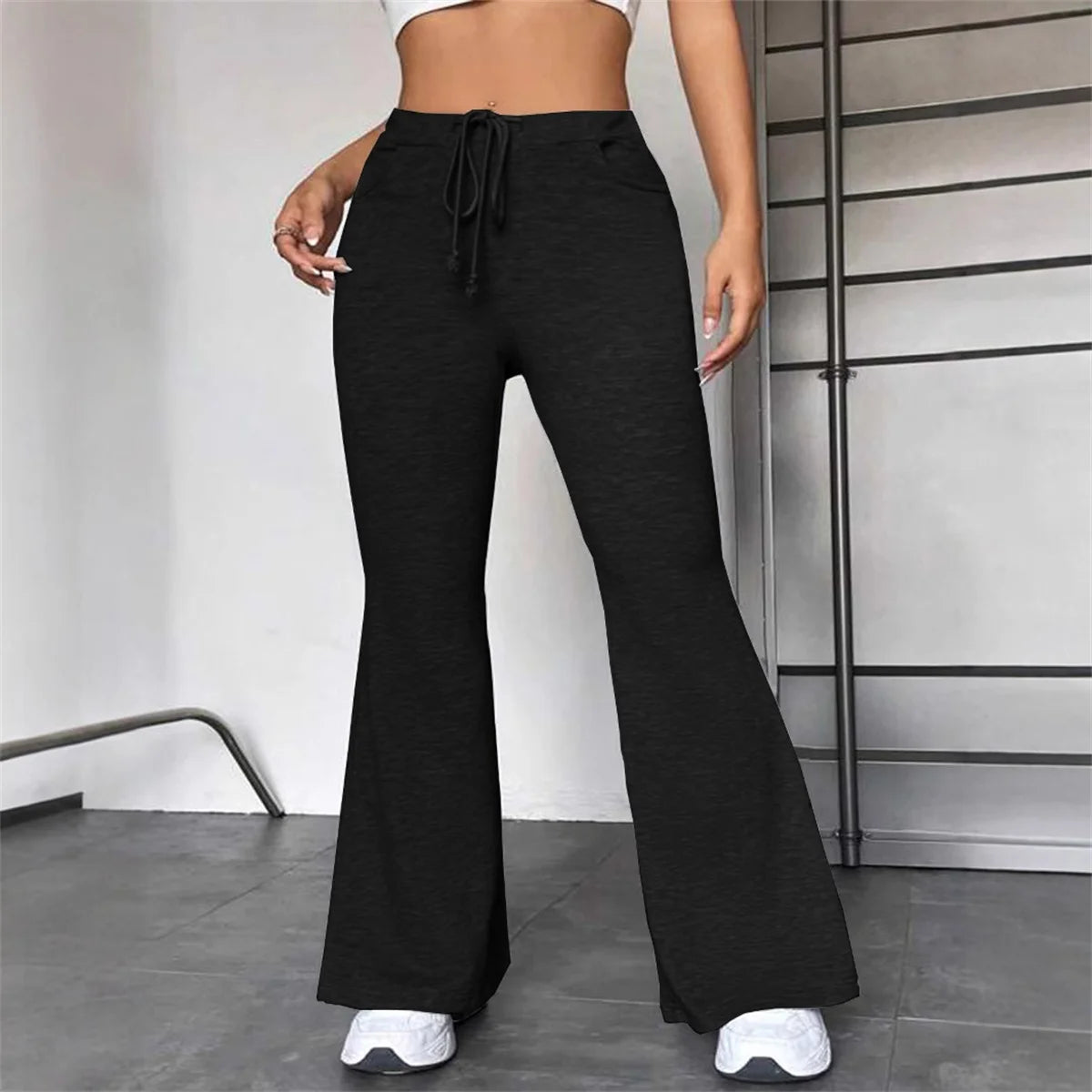 Women Casual Drawstring Flare Pant Autumn Spring Solid High Waist Yoga Sports Pants Chic Baggy Joggers Trousers Slim Streetwear