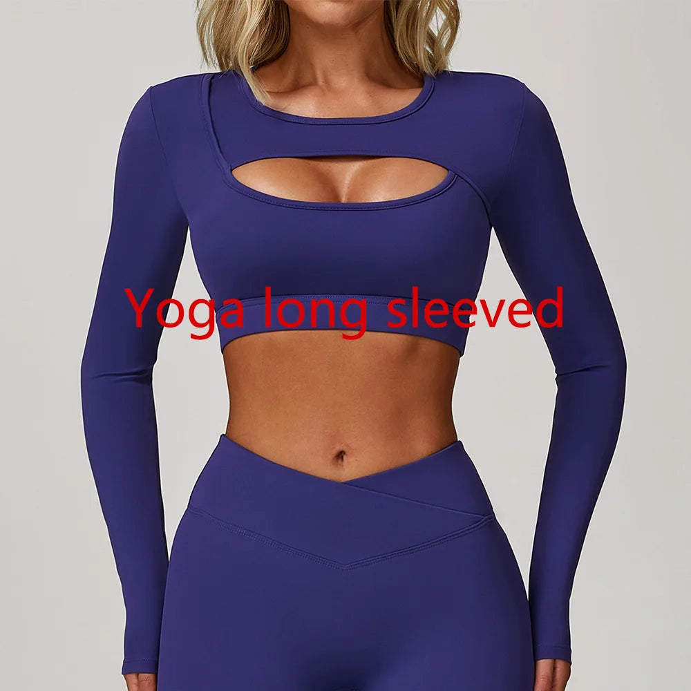 Women Yoga T-shirts Breathable Sports Top Long Sleeve Workout Running Shirts Sexy Exposed Navel Quick Dry Fitness Gym Clothing
