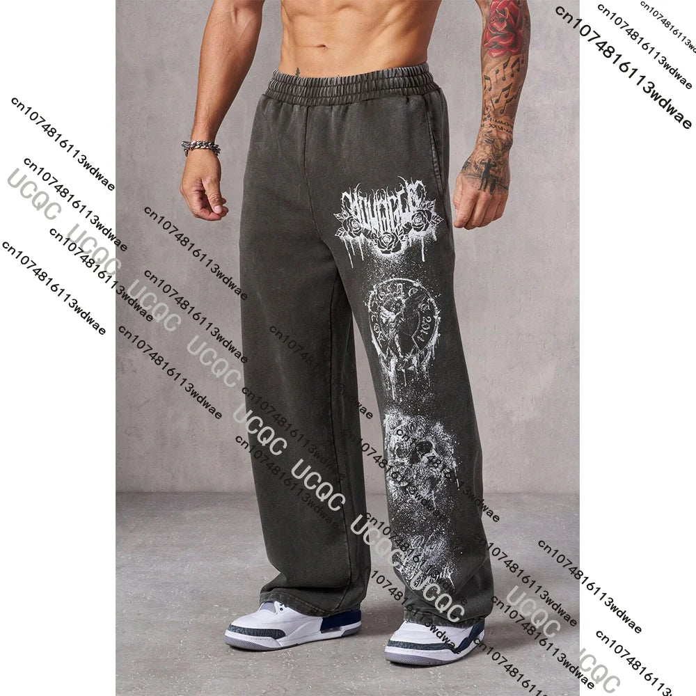 Men's Graffiti Skull Print Loose Sweatpants Hip Hop StreetTrousers Sports Pants Gym Fitness Loose Fitting Printed Casual Pants