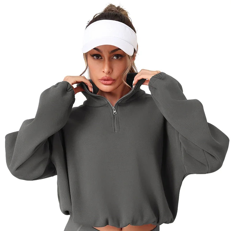 Thermal Half Zip Loose Yoga Shirt Solid Color Fleece Lined Sweatshirt Autumn Winter Pullover Drawstring Hem for Adjustable Fit