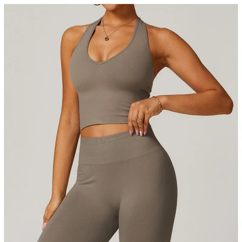 Halter Neck Backless Yoga Bra European and American Seamless Sports Bra Women's Summer Shockproof Fitness Top