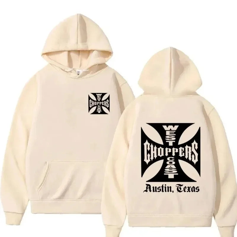 Men's Black Fashion Cool Sweatshirt Unisex Fashion Fleece Oversized Hoodie Streetwear West Coast Iron Cross Choppers Logo Hooded