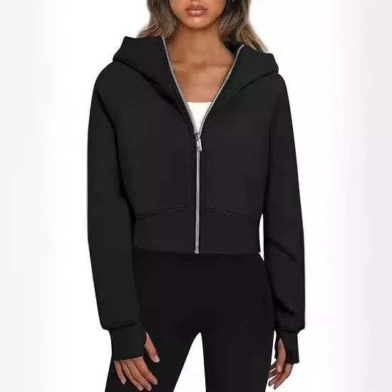 2025 European and American Women's Hooded Zipper Short Casual Plush Long-sleeved Sweatshirt