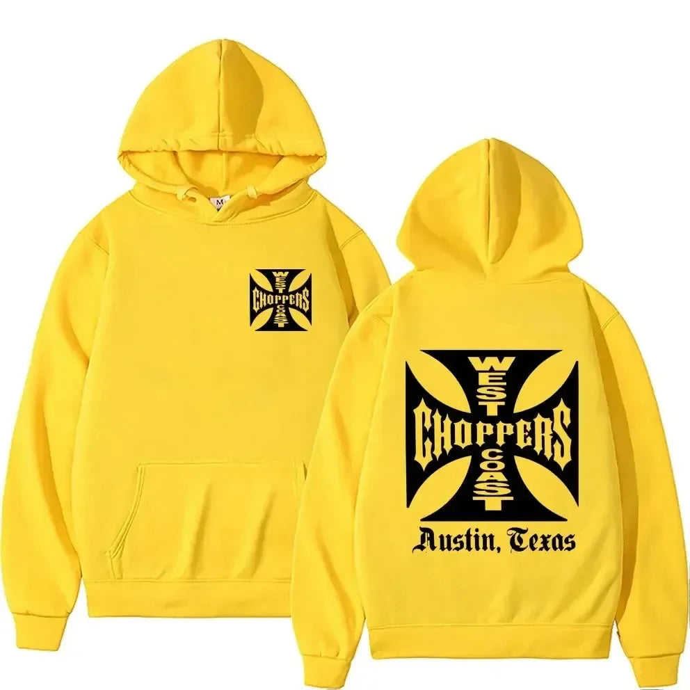 Men's Black Fashion Cool Sweatshirt Unisex Fashion Fleece Oversized Hoodie Streetwear West Coast Iron Cross Choppers Logo Hooded