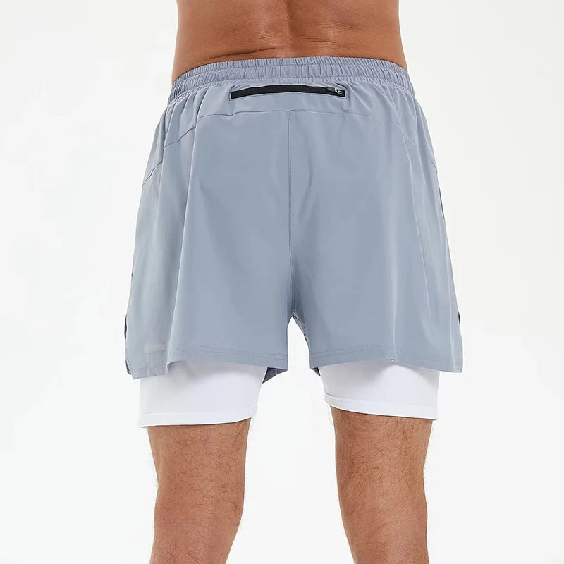 Men 2 in 1 Multi-Pocket Shorts Fitness Workout Lined Tight Short Race Marathon Sweatpants Quick Dry Breathable Scanties Running