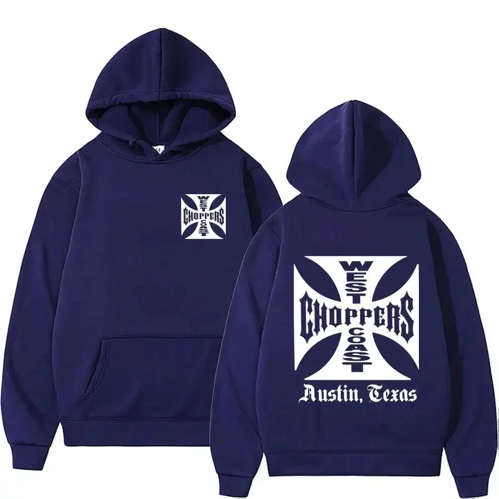 Men's Black Fashion Cool Sweatshirt Unisex Fashion Fleece Oversized Hoodie Streetwear West Coast Iron Cross Choppers Logo Hooded