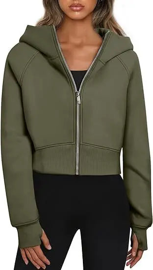 2025 European and American Women's Hooded Zipper Short Casual Plush Long-sleeved Sweatshirt
