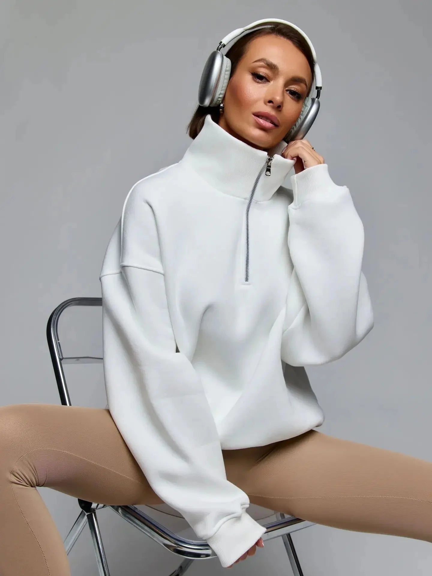 Thickened Oversize Sweatshirt Jacket Women's Loose Fit Solid Color Autumn Winter Fashion Personalized Simple Cotton Hoodie